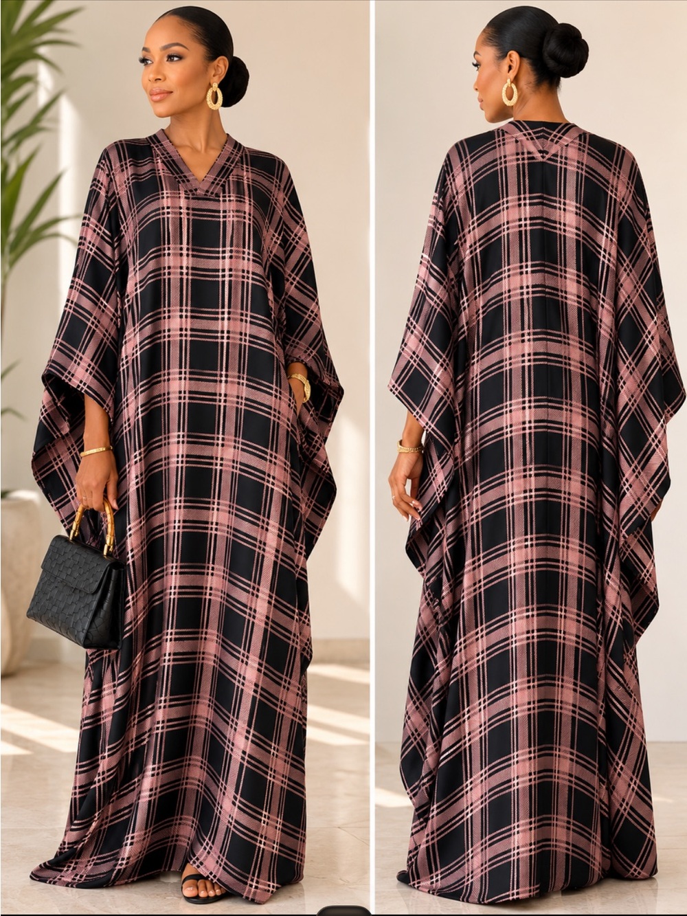 BOLA3 Elegant Pink Plaid Oby Maxi Kaftan Dress for Women